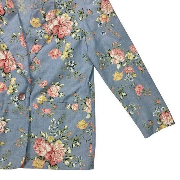 Alfred Dunner Linen Blazer Womens Sz 8 Blue Pink Floral Print 3/4 Sleeve Jacket - Picture 5 of 16